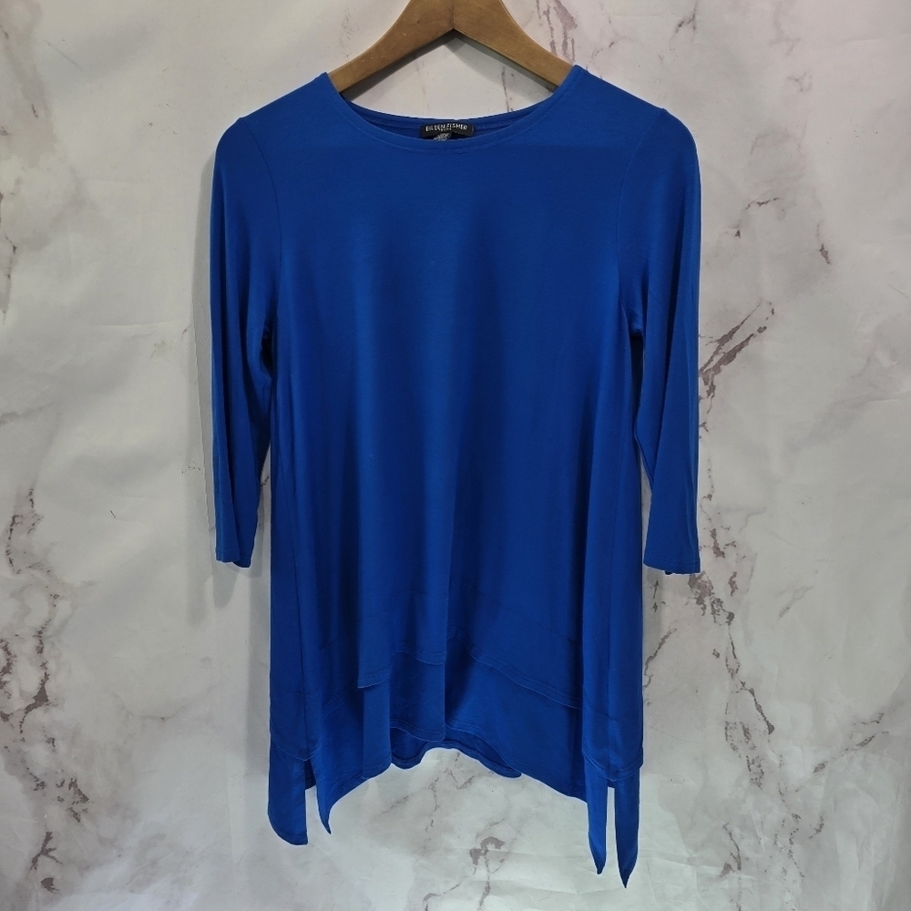 Eileen Fisher Top Womens Small P Blue Long Sleeve Tunic Round Lyocell Shirt